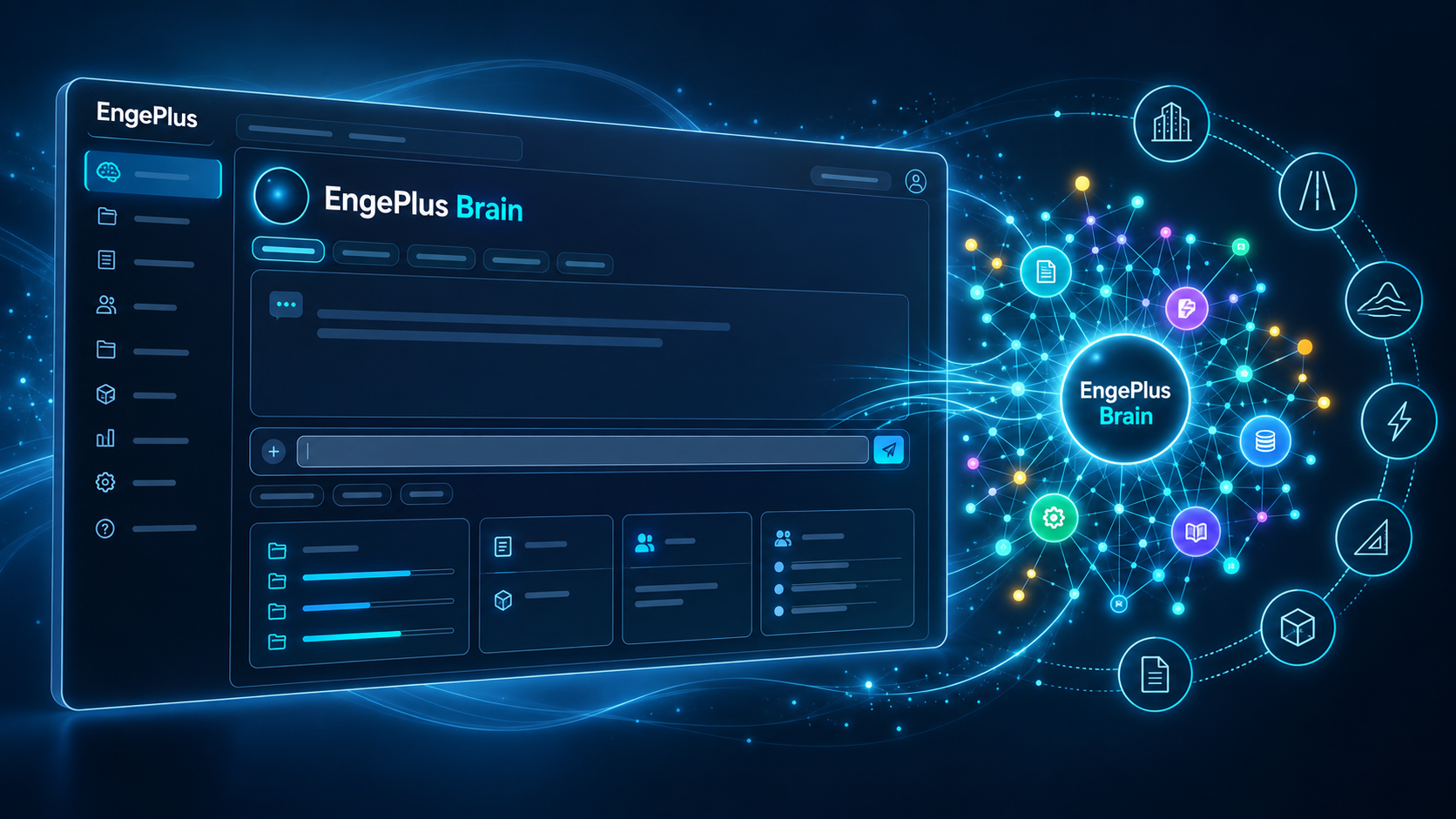 Ilustração do EngePlus Brain com uma central de trabalho conectada a uma rede de conhecimento.